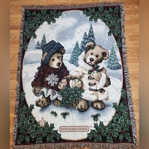 Vtg 90s Boyds Bears Christmas Tapestry Throw Blanket 51x66 Holiday Woven Snow